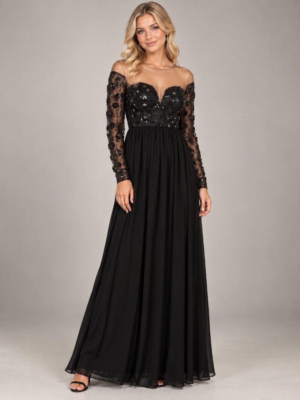 2/$30 NWT SHEIN Black Sequin Mesh Long-Sleeve Evening Gown M